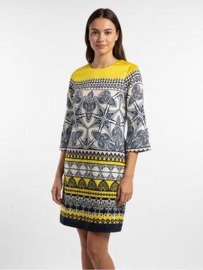 crown & ivy Yellow and Navy Printed Shift Dress